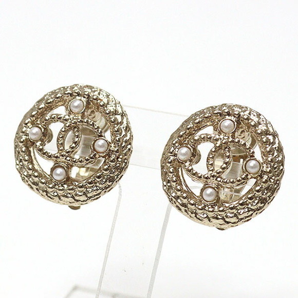 CHANEL Authentic Gold Pearl Logo Earrings